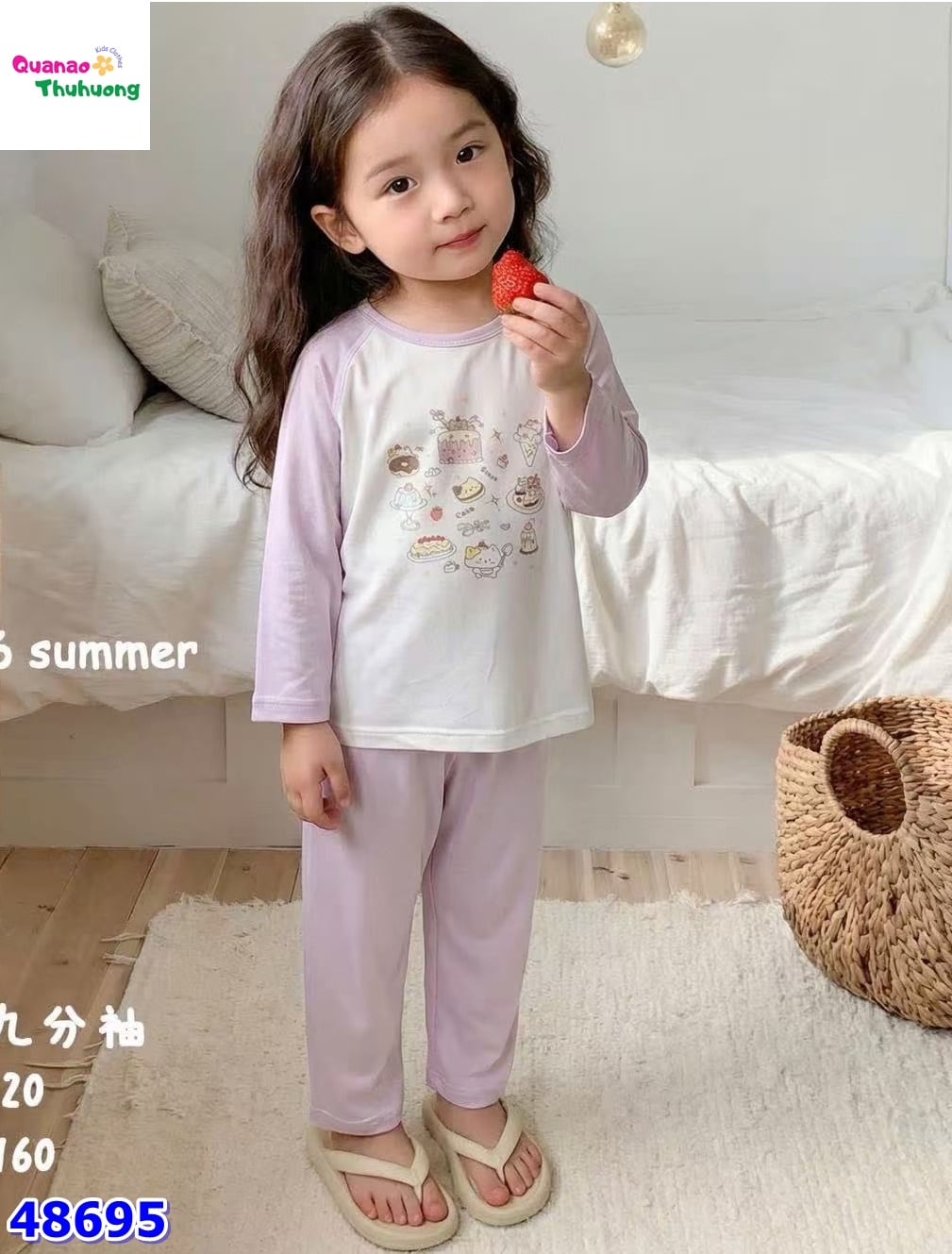 Bộ Tencel dài trắng in bánh