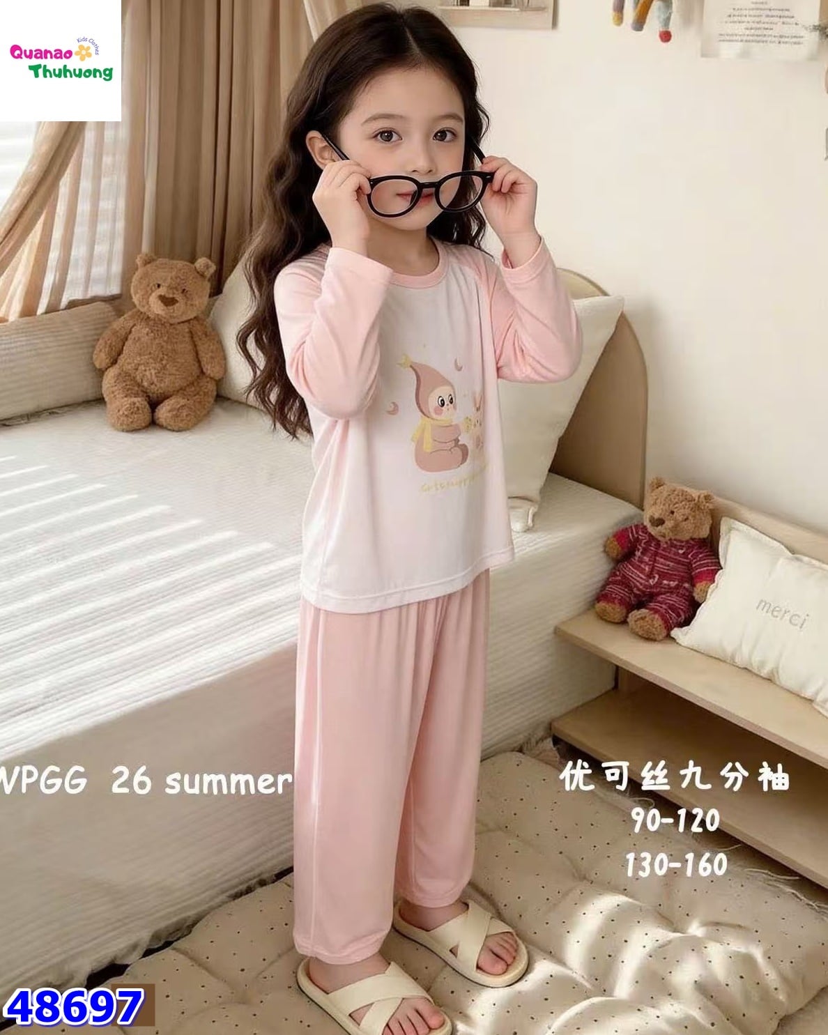 Bộ Tencel dài hồng thỏ nơ