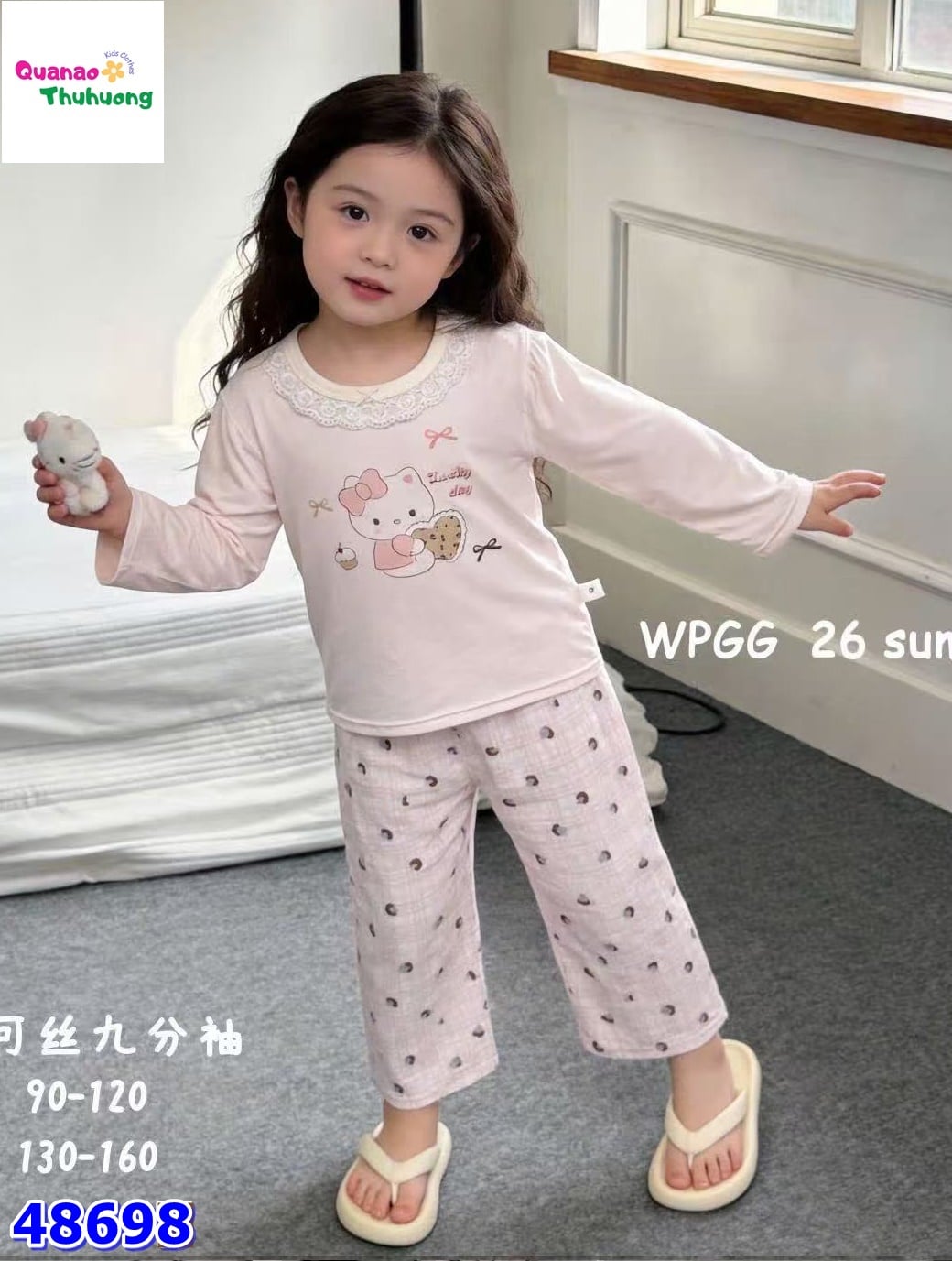 Bộ Tencel dài hồng kitty ôm trái tim