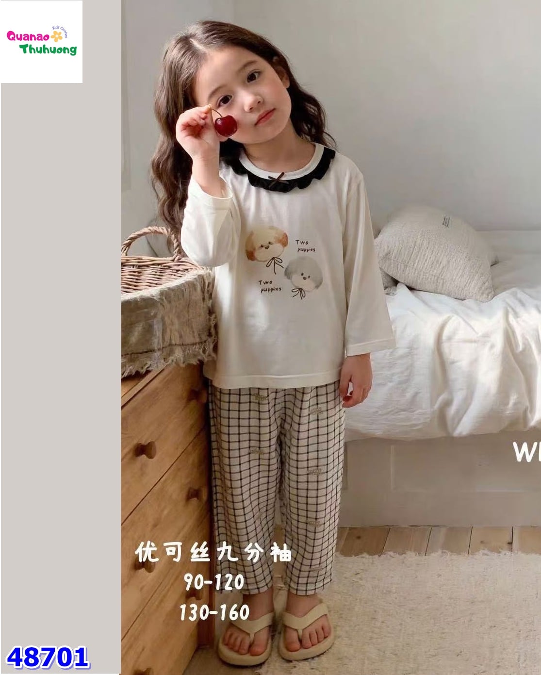 Bộ Tencel dài trắng 2 chó vàng xám
