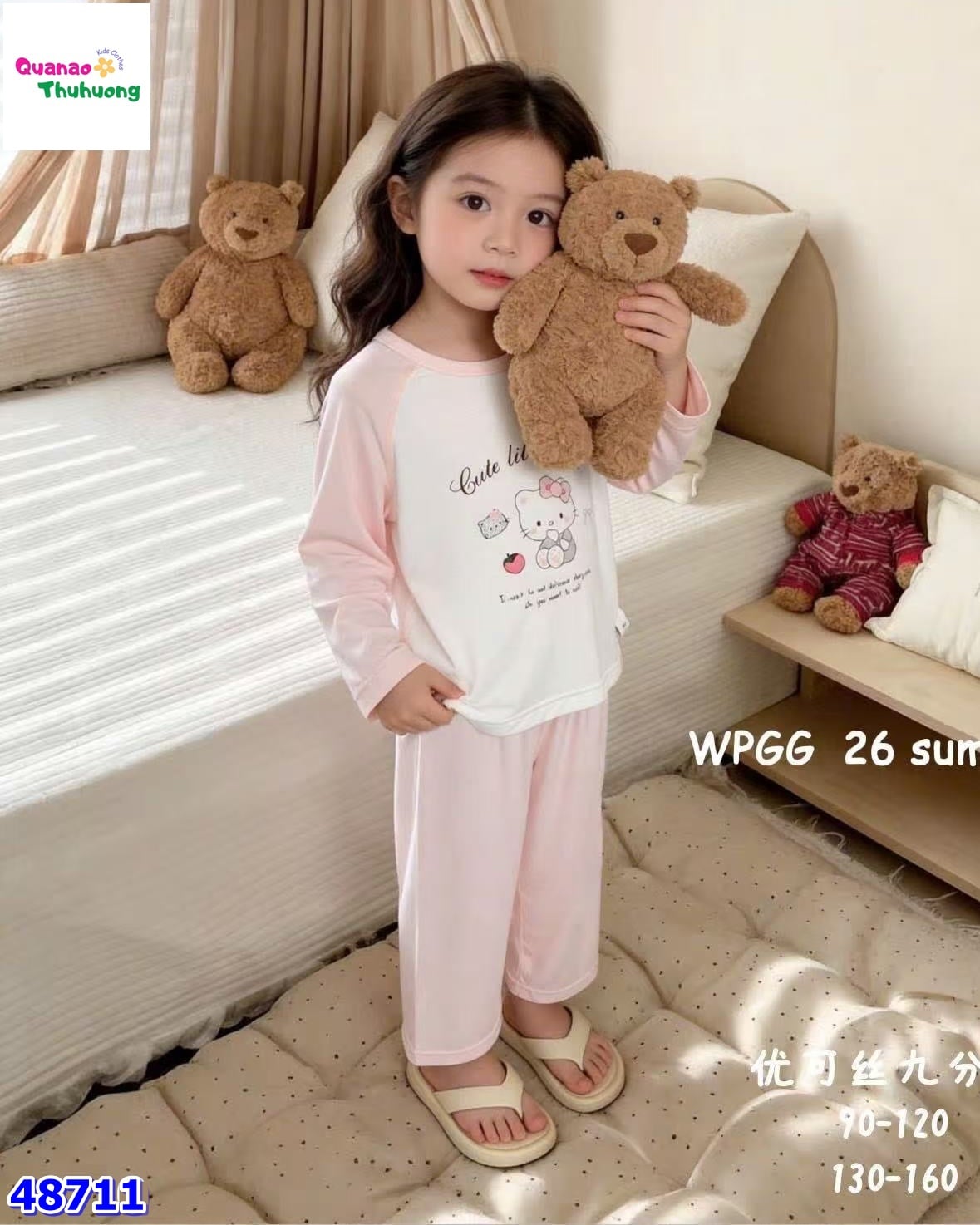 Bộ Tencel dài trắng Kitty Cute