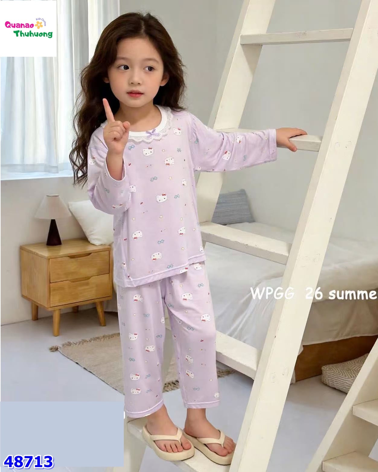 Bộ Tencel dài tím kitty nơ xanh