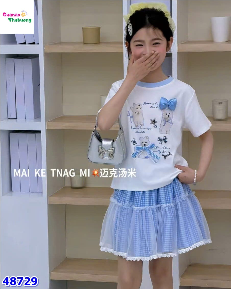 Set áo trắng in cún, chân váy xanh