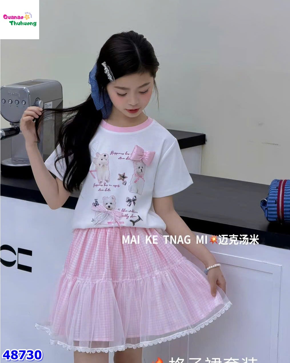 Set áo trắng in cún, chân váy hồng