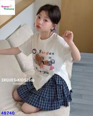 Set áo trắng gấu, chân váy caro xanh