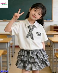Set áo polo trắng cún, váy caro xanh