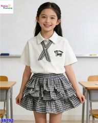 Set áo polo trắng cún, váy caro xanh