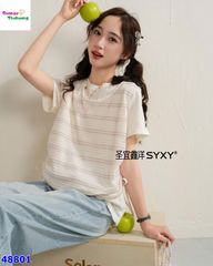 Set Syxy áo kem yếm sọc nâu + túi
