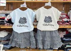Set áo xanh Kitty, váy caro xanh