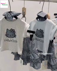 Set áo xanh Kitty, váy caro xanh