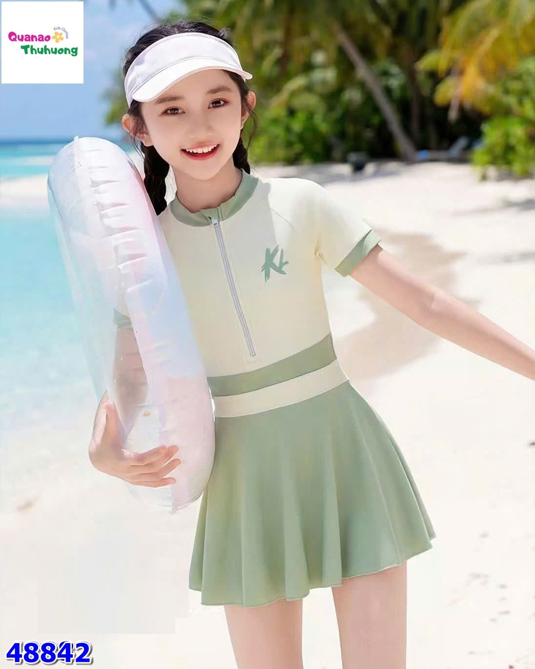 Đầm bơi kem viền xanh KL