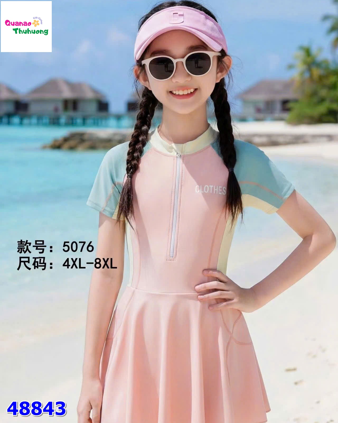 Đầm bơi hồng tay xanh Clothes
