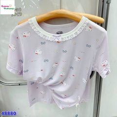 Bộ Tencel tím Kitty nơ đỏ
