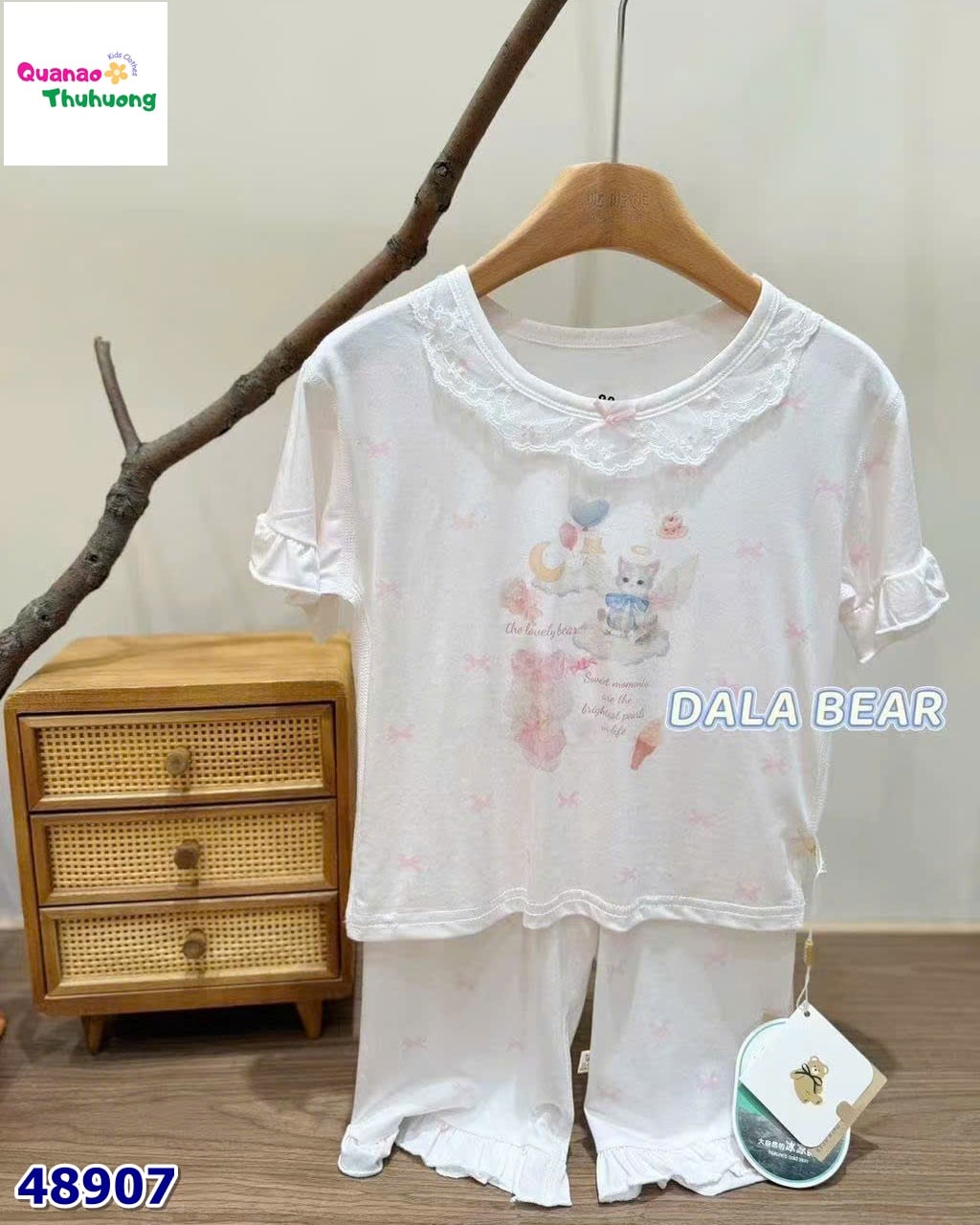 Bộ Tencel T lửng hồng mèo nơ xanh