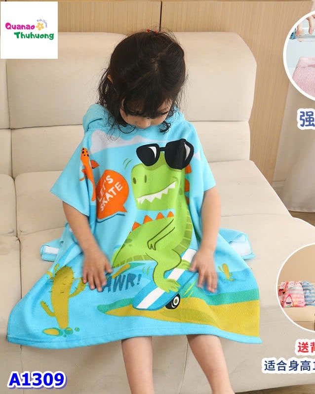 Khăn bơi khủng long xanh đeo kính