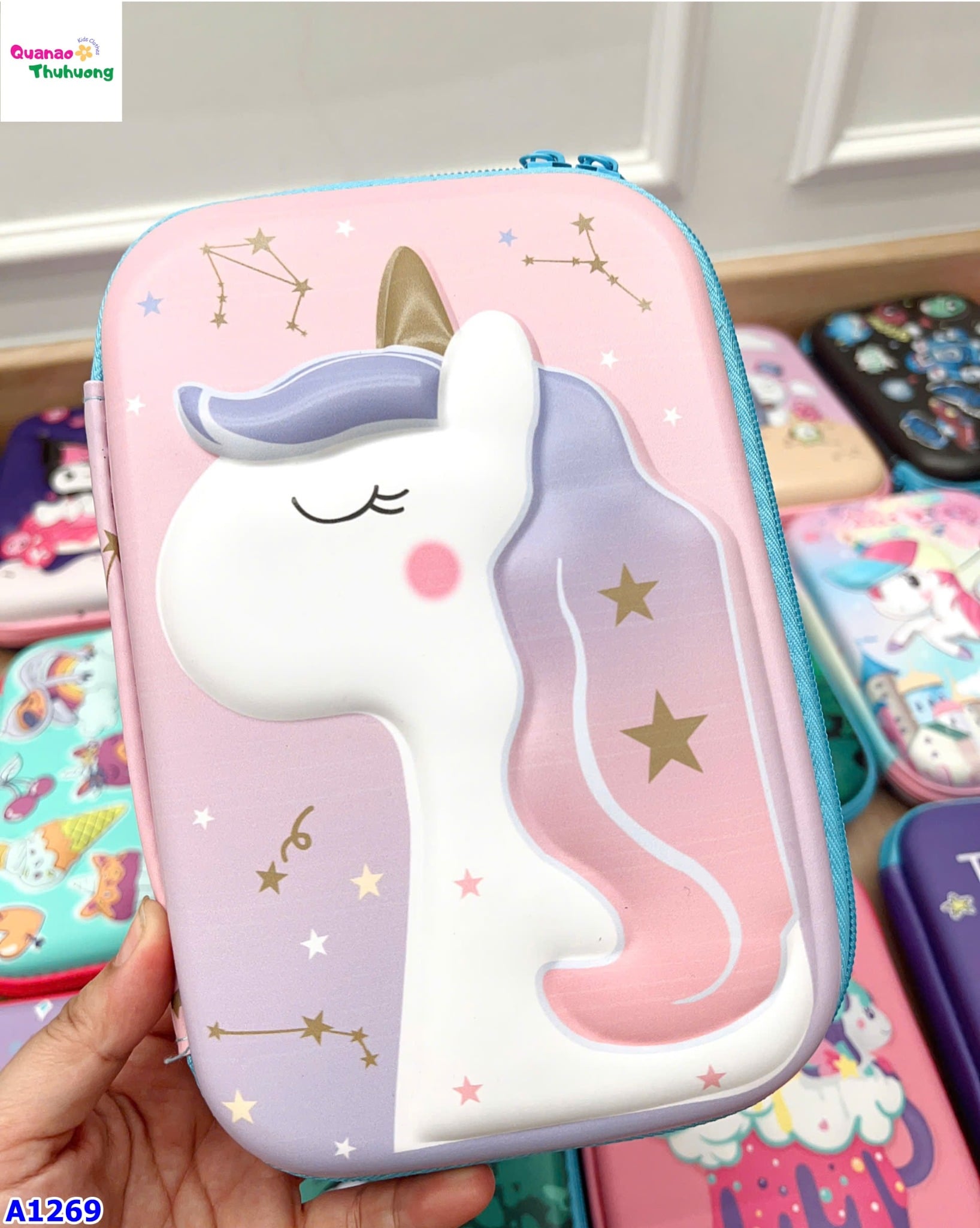 Hộp bút hồng Unicorn tóc tím