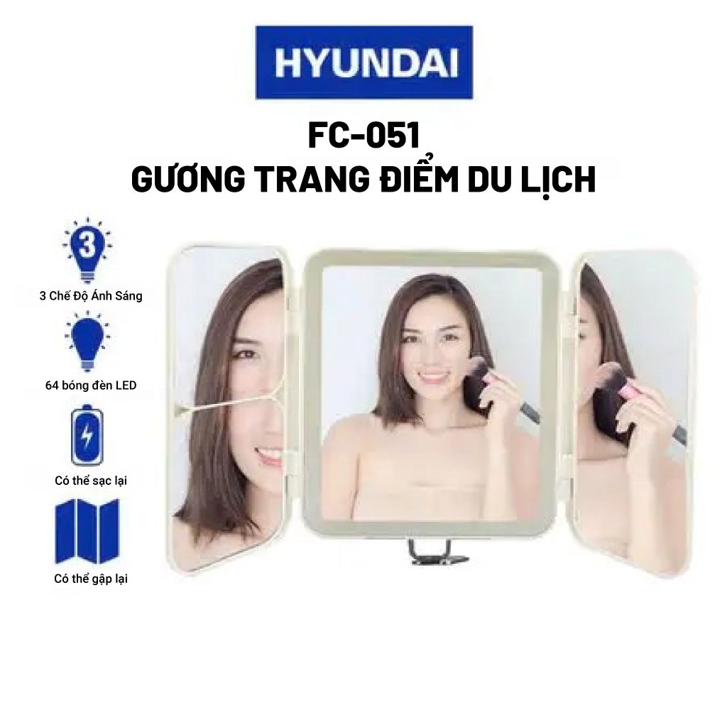 Gương Trang Điểm Có Đèn LED Hyundai Cao Cấp - Thiết Kế Gấp 3 Thông Minh, 3 Chế Độ Ánh Sáng Cảm Ứng