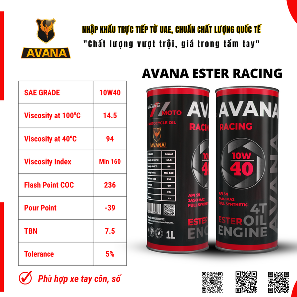 NHỚT AVANA RACING ESTER 10W40 1000ML – CÔNG TY TNHH THƯƠNG MẠI VÀ DỊCH ...