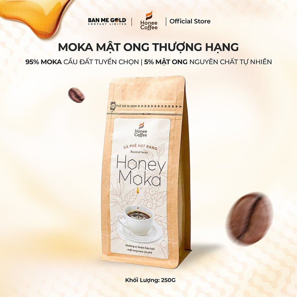 Cà Phê Hạt Rang Honey Moka Nguyên Chất - 250g - Cafe Moka Phủ Mật Ong Chính Hãng Ban Me Gold - Honee Coffee