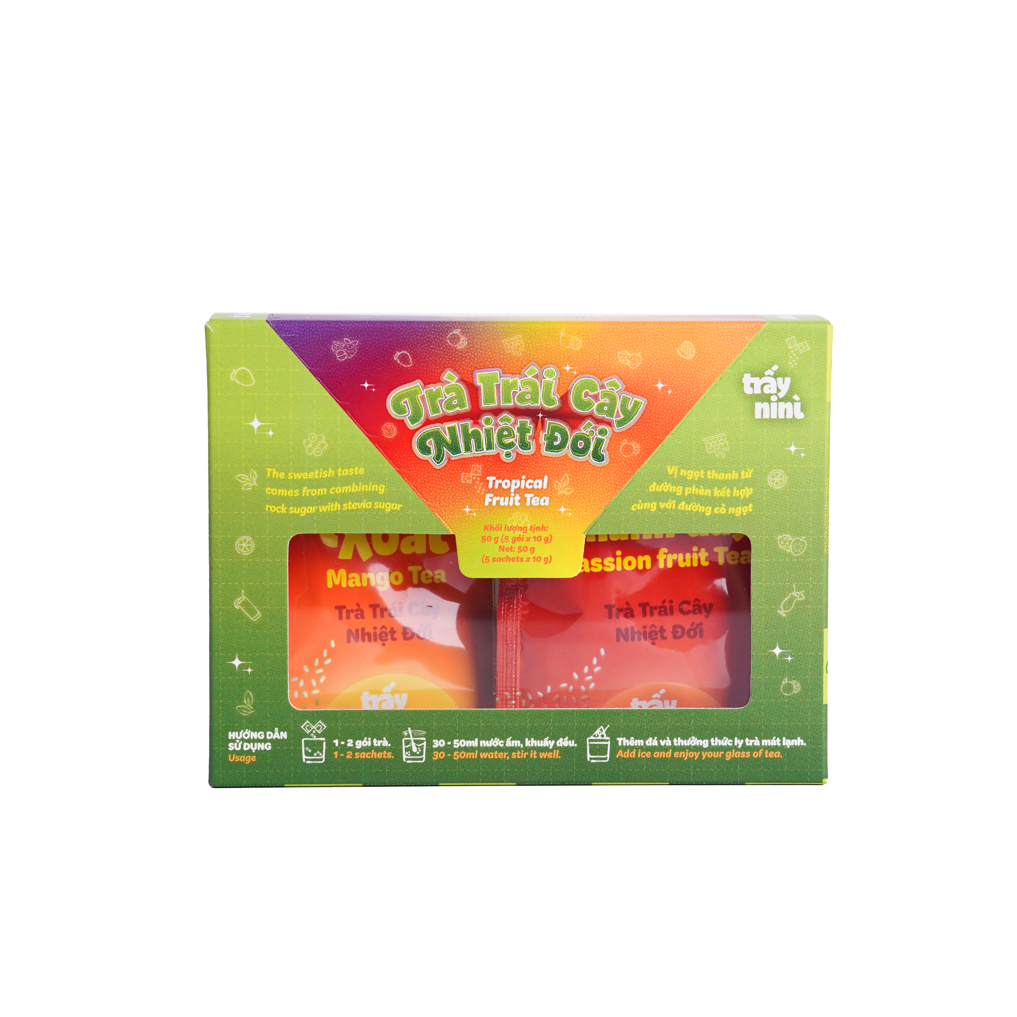 TRÀ TRÁI CÂY NHIỆT ĐỚI MIX 5 VỊ 50G [5 GÓI VUÔNG × 10G]