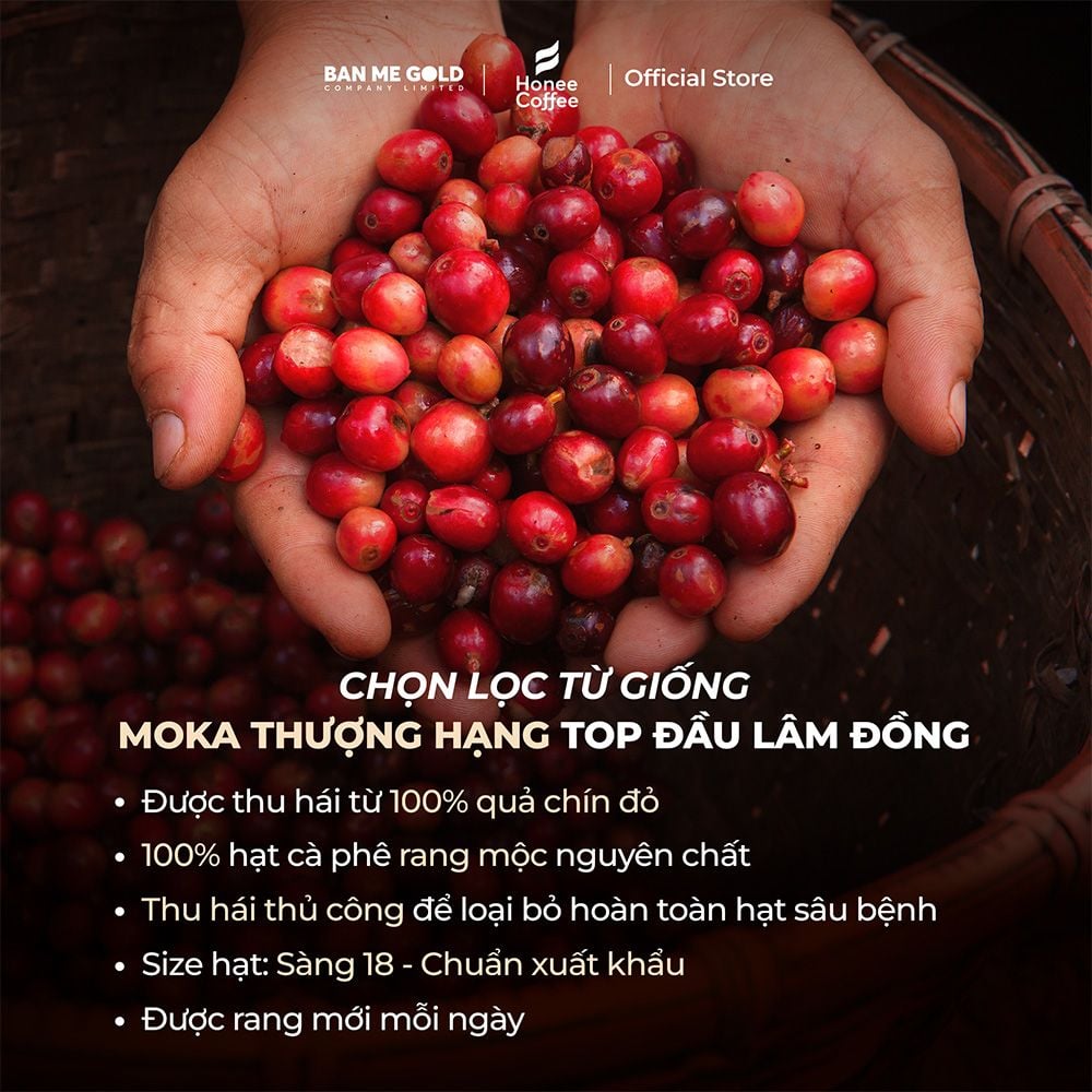 Cà Phê Hạt Rang Honey Moka Nguyên Chất - 250g - Cafe Moka Phủ Mật Ong Chính Hãng Ban Me Gold - Honee Coffee