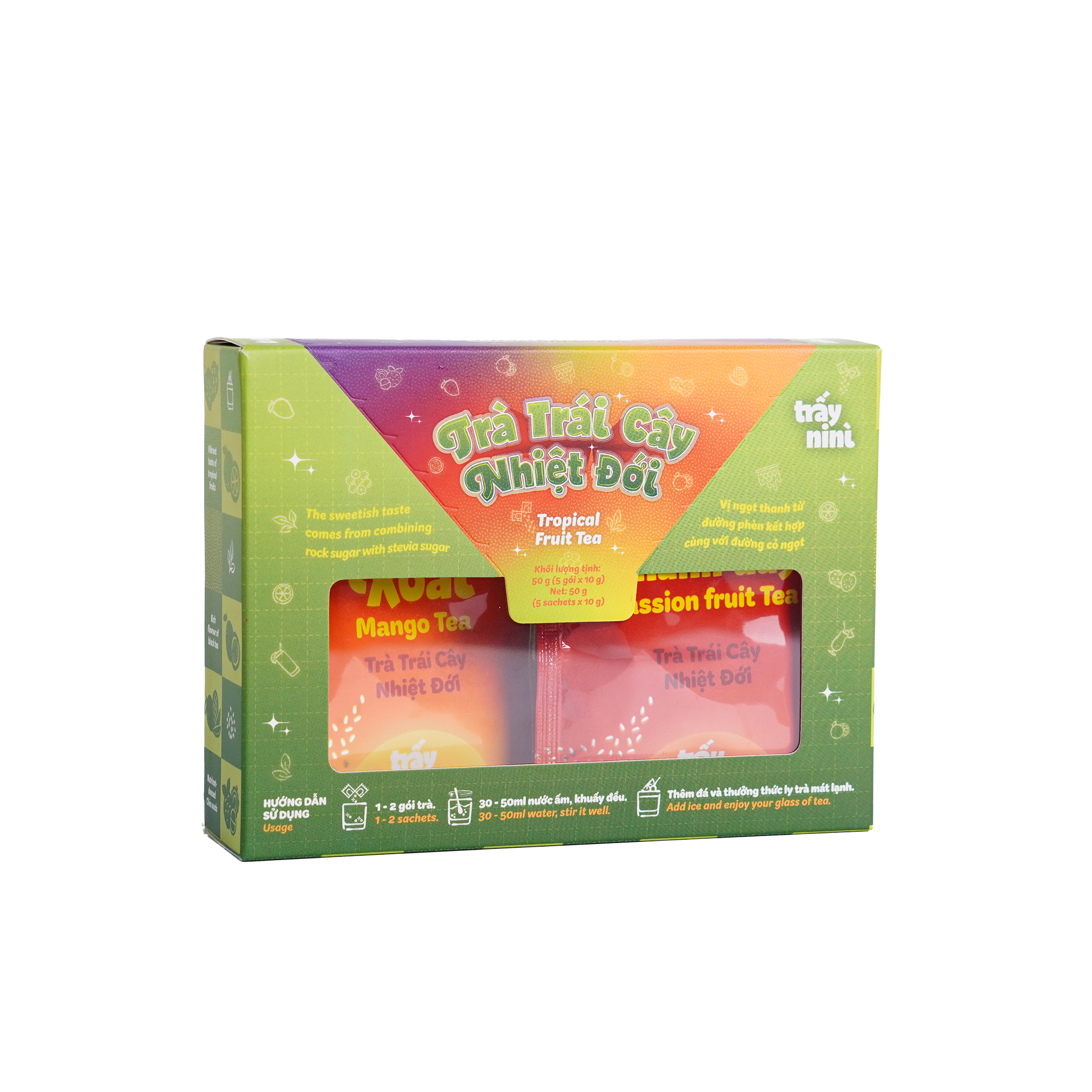 TRÀ TRÁI CÂY NHIỆT ĐỚI MIX 5 VỊ 50G [5 GÓI VUÔNG × 10G]