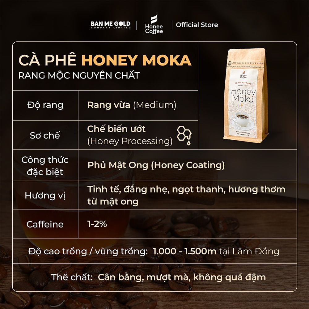 Cà Phê Hạt Rang Honey Moka Nguyên Chất - 250g - Cafe Moka Phủ Mật Ong Chính Hãng Ban Me Gold - Honee Coffee