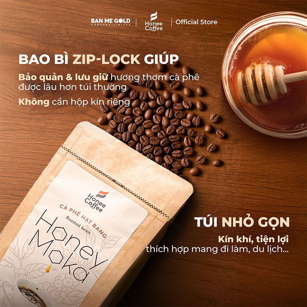 Cà Phê Hạt Rang Honey Moka Nguyên Chất - 250g - Cafe Moka Phủ Mật Ong Chính Hãng Ban Me Gold - Honee Coffee
