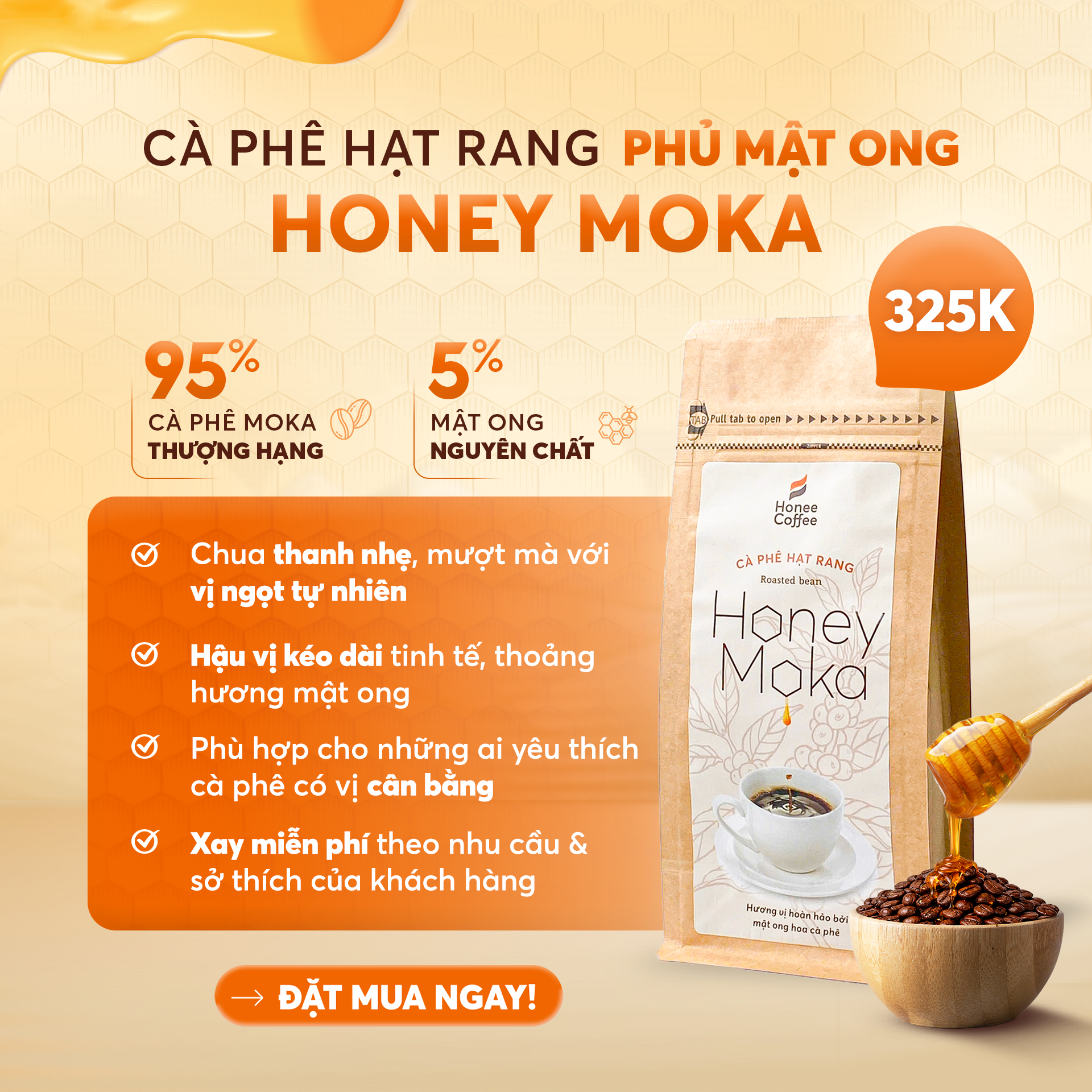 Cà Phê Hạt Rang Honey Moka Nguyên Chất - (250g NGUYÊN HẠT)- Cafe Moka Phủ Mật Ong Chính Hãng Ban Me Gold - Honee Coffee