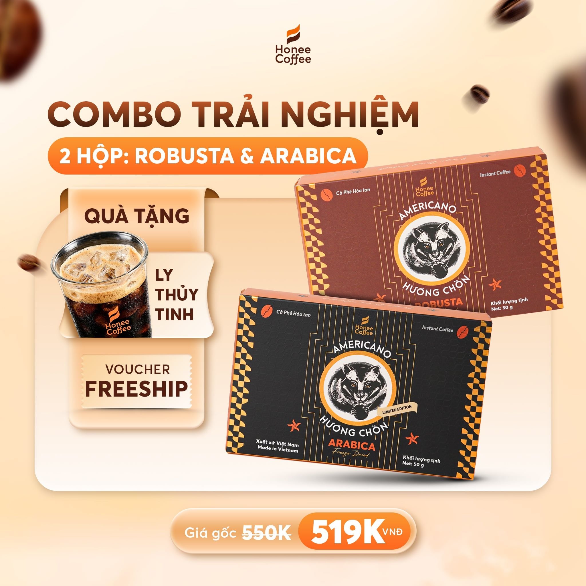 [COMBO THỬ VỊ] 2 Hộp Cà Phê Sấy Lạnh Robusta & Arabica (2.5g x 40 gói) Cafe sấy lạnh tiện mang đi du lịch - Honee Coffee