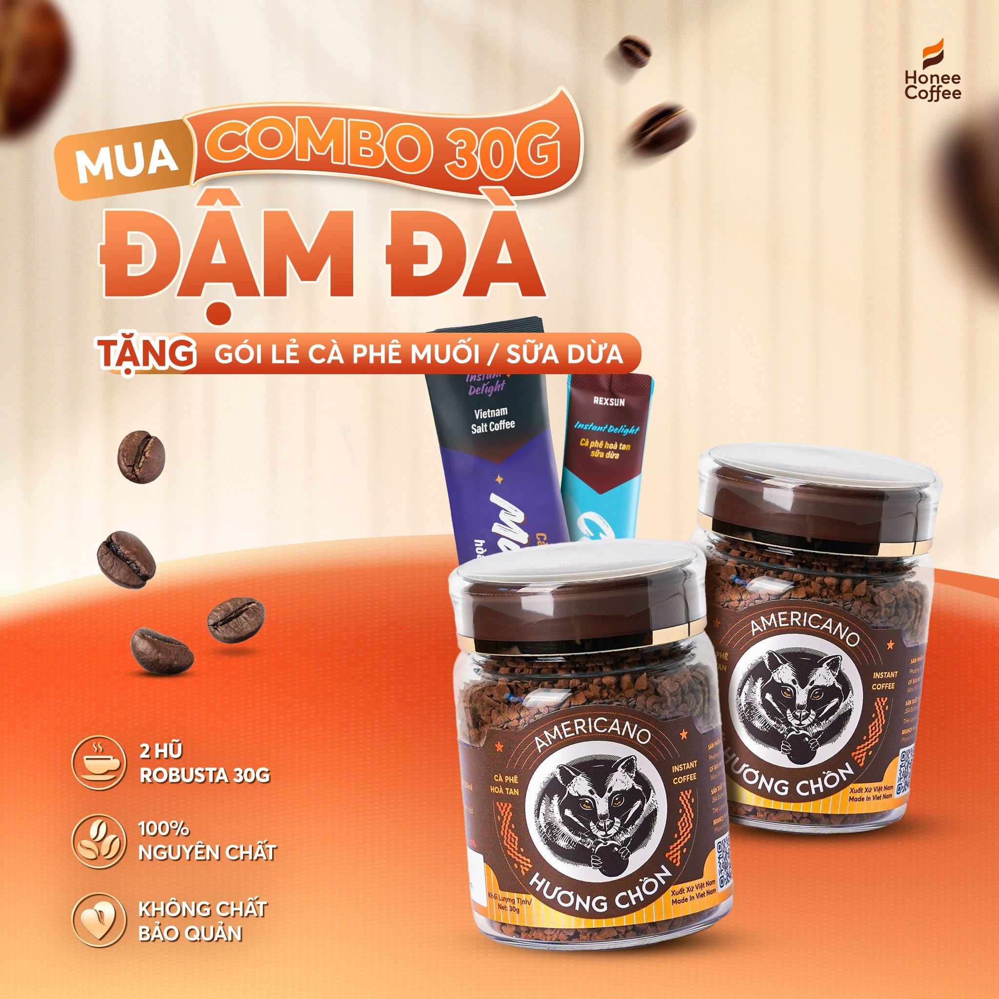 [COMBO 30G] 2 Hũ Cà Phê Hòa Tan Sấy Lạnh Robusta (30g)