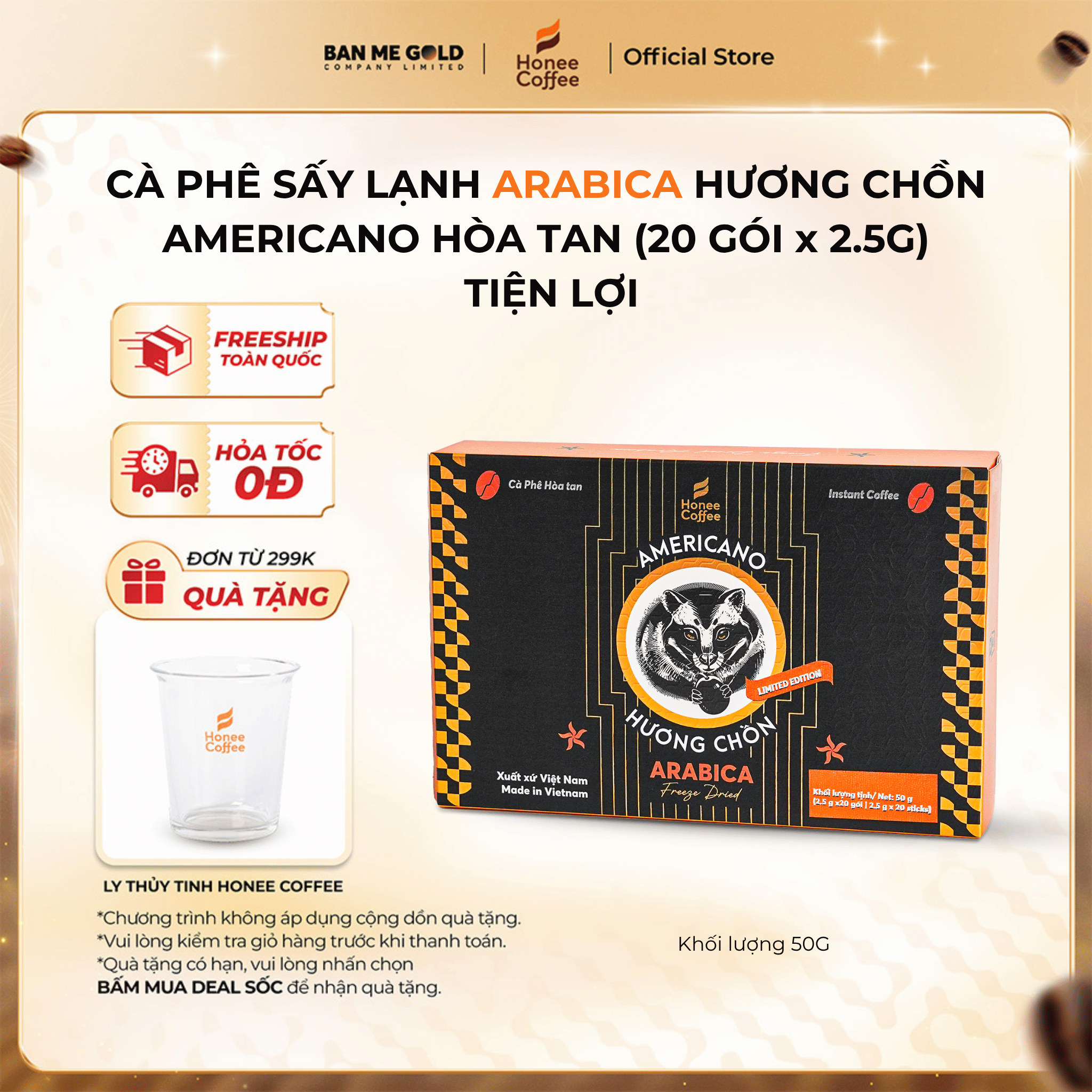 Cà Phê Hòa Tan Sấy Lạnh Arabica Gói - Gu nhẹ nhàng - Hộp 50g (20 gói) Tiện lợi mang đi du lịch - Ban Me Gold