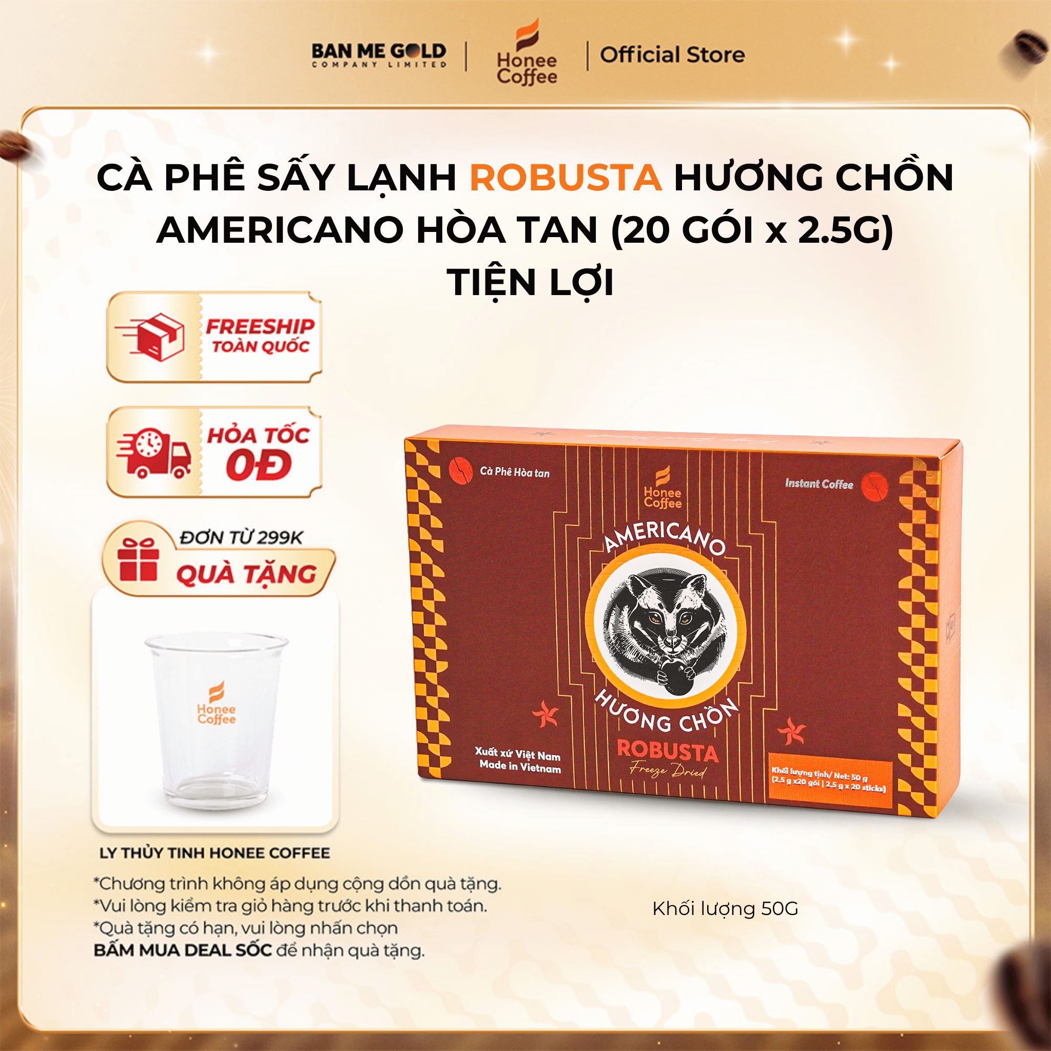 Cà Phê Hòa Tan Sấy Lạnh Robusta Gói - Gu đậm đà - Hộp 50g (20 gói) - Chính Hãng Ban Me Gold