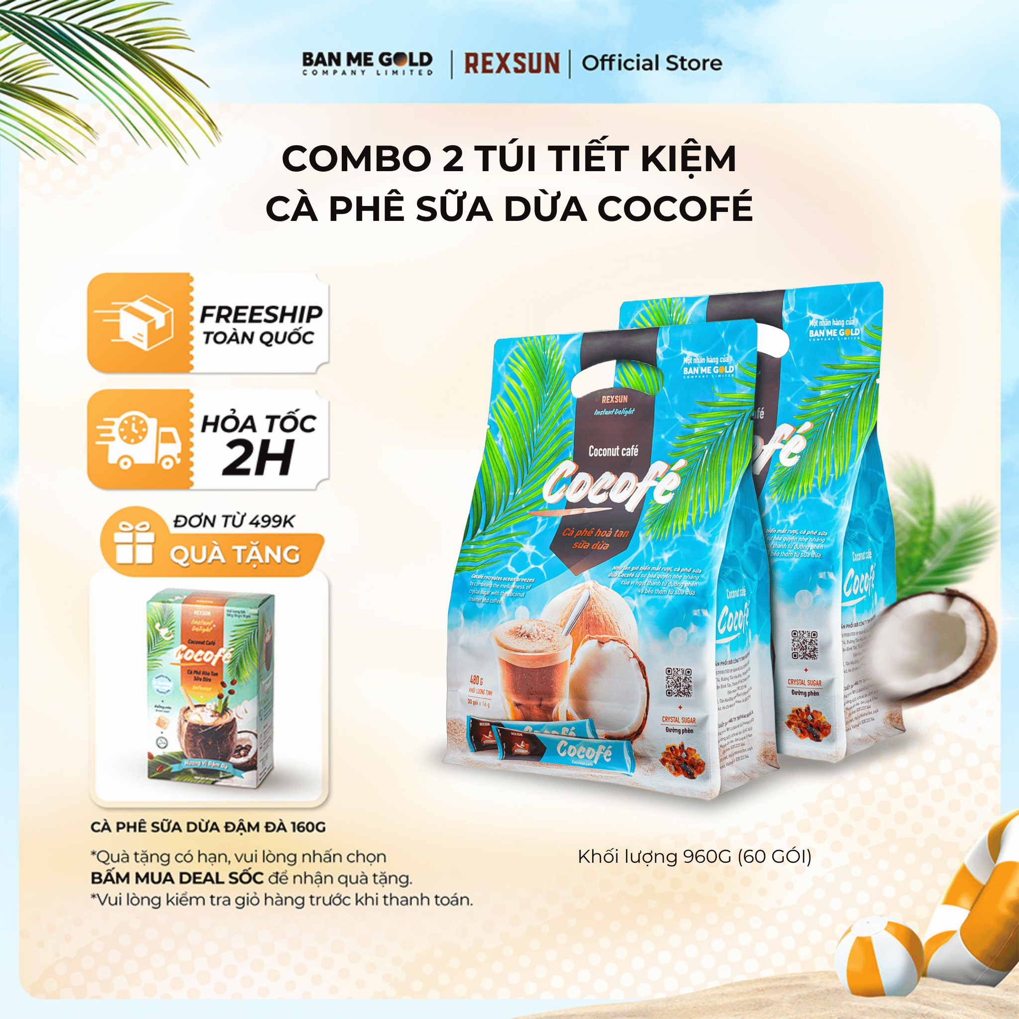 [COMBO TIẾT KIỆM] 2 Túi Cà Phê Sữa Dừa Cocofe - Instant Delight (60 Gói) - Coconut Cafe Hòa Tan Ban Me Gold - Rexsun