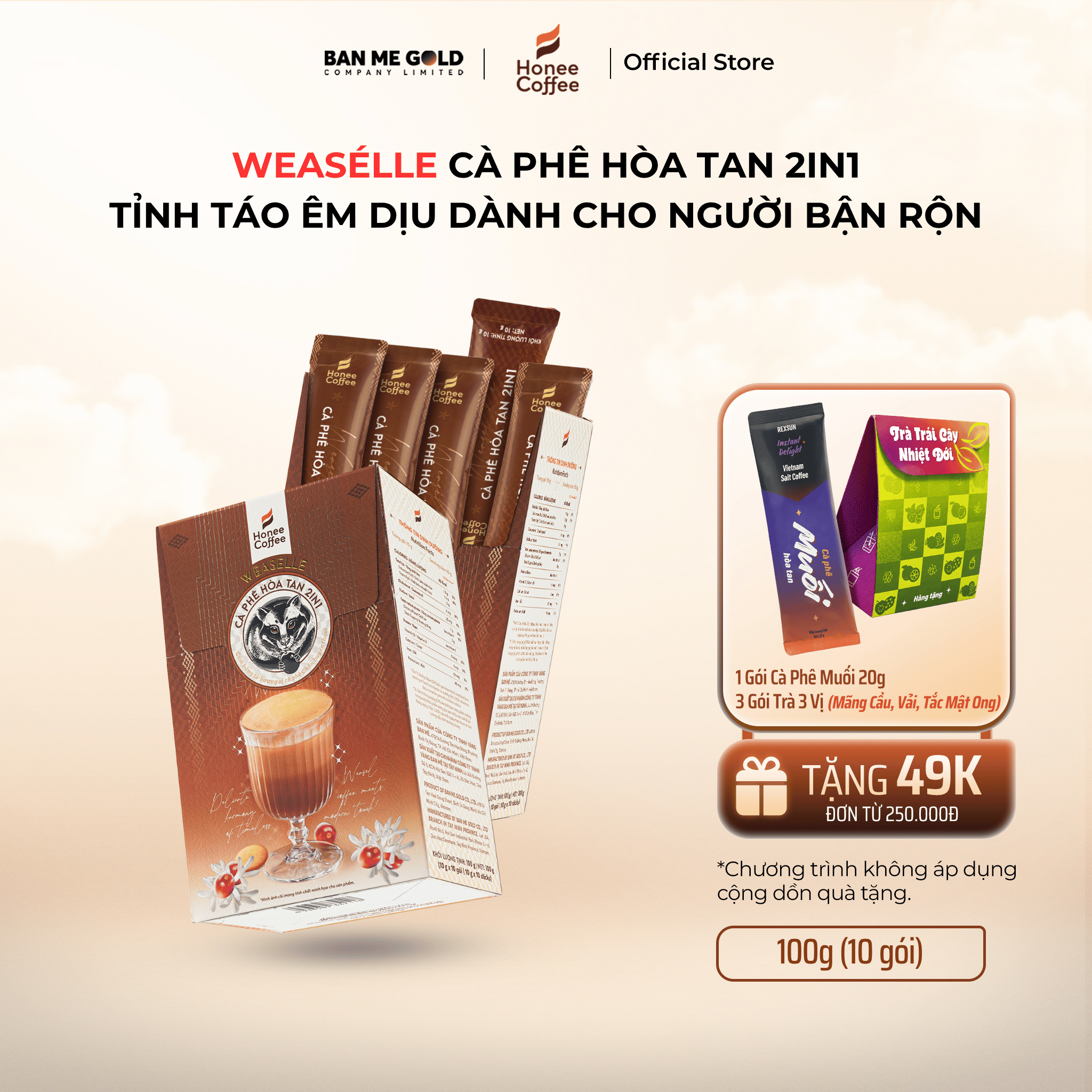 WEASÉLLE Cà Phê Hòa Tan 2in1 Hương Chồn Cao Cấp Ban Me Gold (Hộp 100g) - Trải Nghiệm Tiện Lợi Dành Cho Người Sành