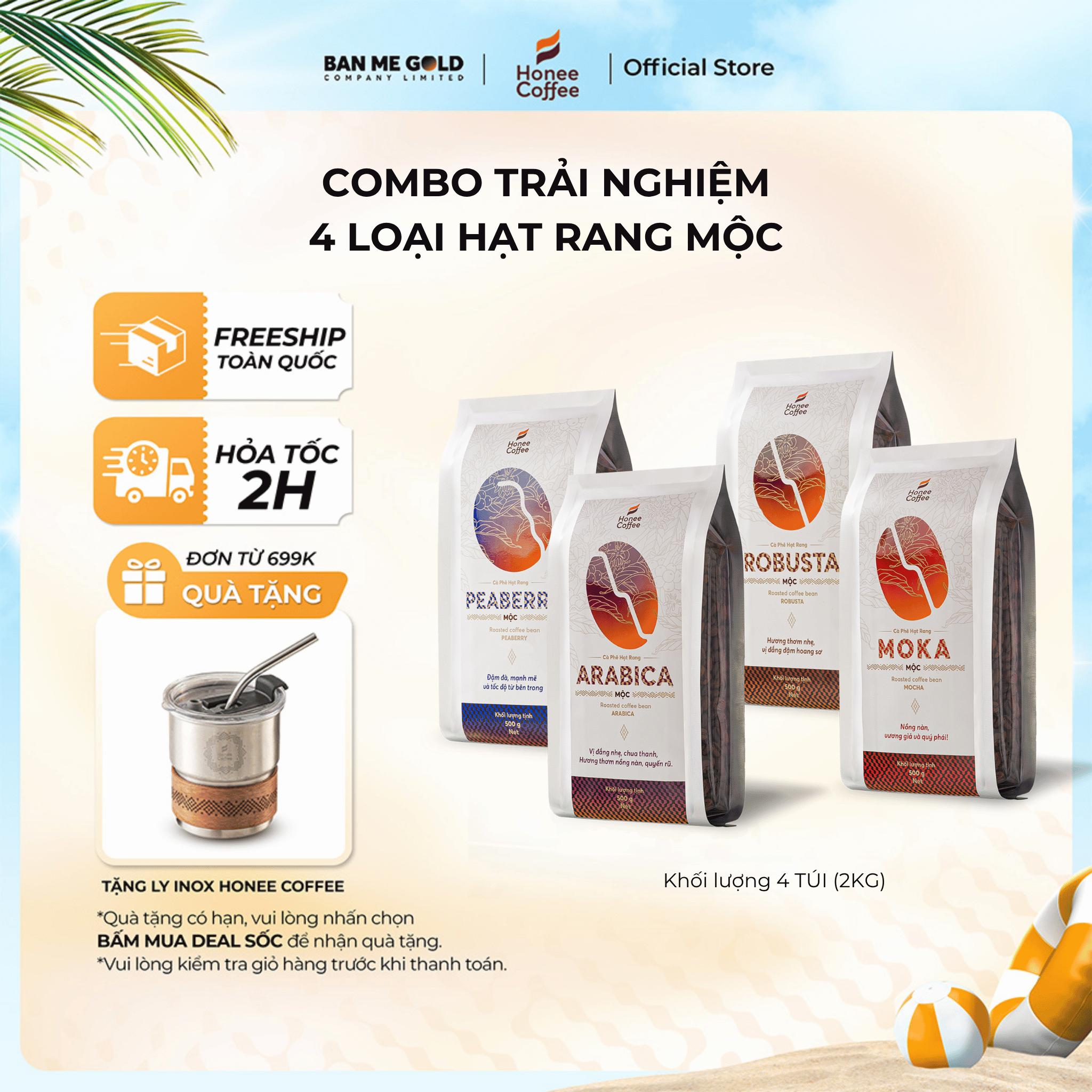 [TIẾT KIỆM] 4 Túi (500G NGUYÊN HẠT) Cà Phê Nguyên Chất 100% Arabica / Robusta / Culi / Moka Chính Hãng Ban Me Gold - Honee Coffee