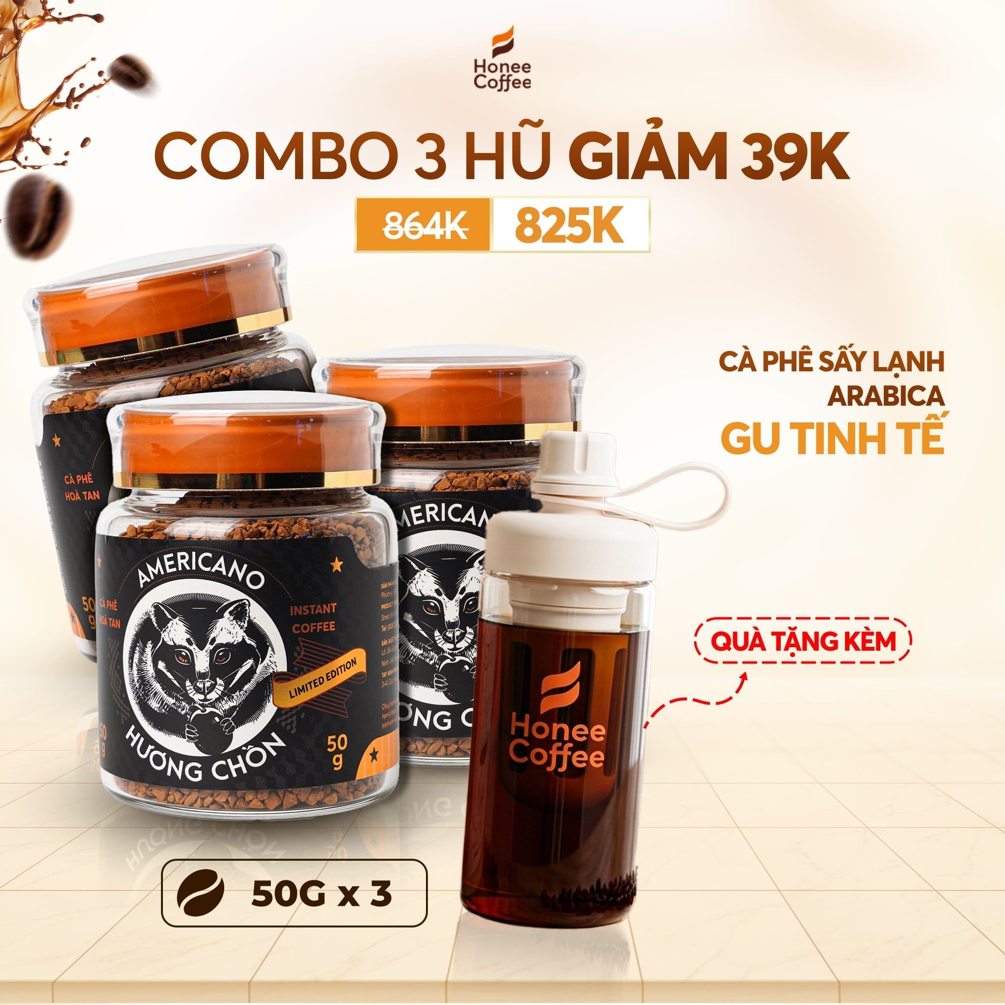 [COMBO] 3 Hũ Cà Phê Sấy Lạnh Arabica (50g x 3) - Cafe Sấy Lạnh Hương Chồn - Cà Phê Chồn Hoà Tan Ban Me Gold