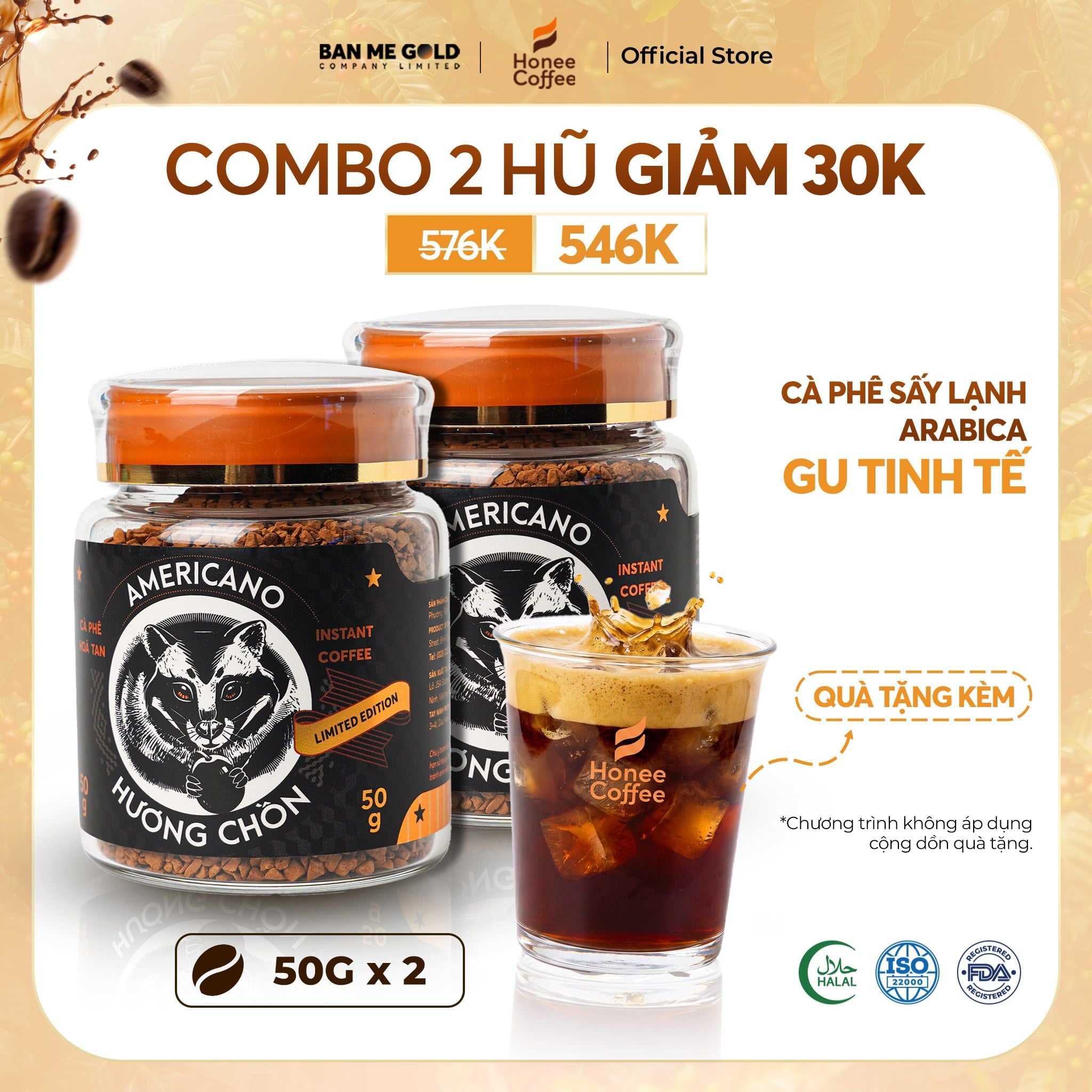 [COMBO TINH TẾ] 2 Hũ Cà Phê Sấy Lạnh Arabica (50g x 2) - Cafe Sấy Lạnh Hương Chồn - Cà Phê Chồn Hoà Tan Ban Me Gold