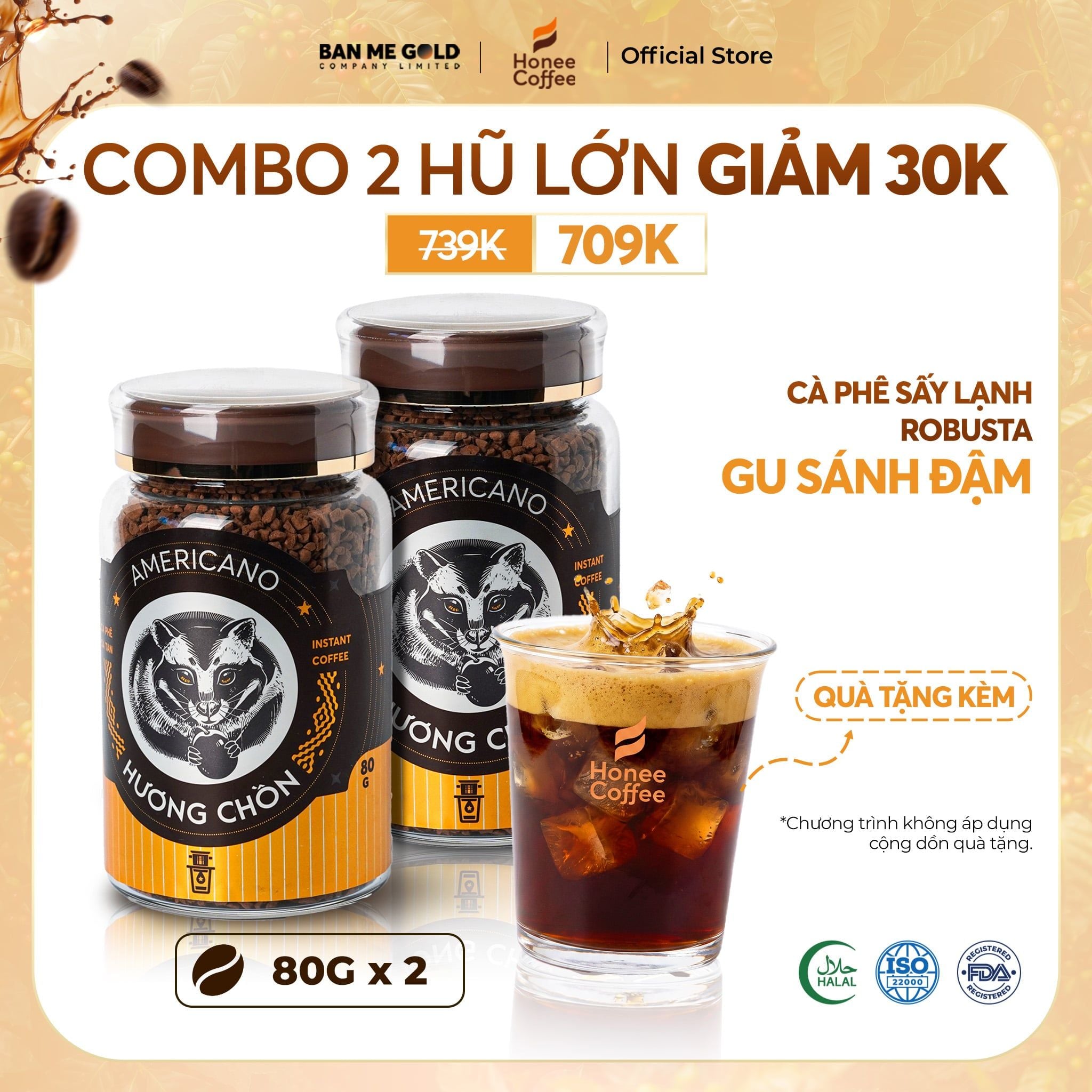 [COMBO NĂNG LƯỢNG] 2 Hũ Cà Phê Sấy Lạnh Robusta (80g x 2) - Cafe Sấy Lạnh Hương Chồn - Cà Phê Chồn Hoà Tan Ban Me Gold