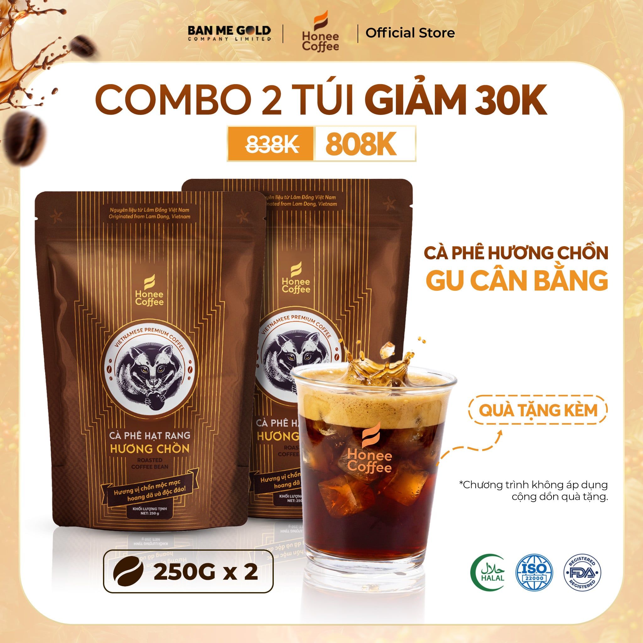 [COMBO ĐẬM VỊ] 2 Túi Cà Phê Hương Chồn (Nâu) NGUYÊN HẠT (250g x 2) - Cafe Rang Xay Nguyên Chất - Cà Phê Chồn Honee Coffee