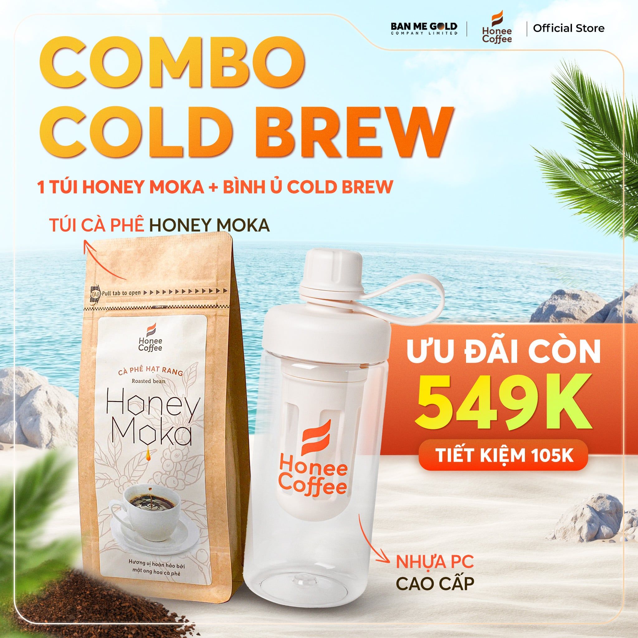 [MUST TRY] COMBO COLD BREW: 250G HONEY MOKA (MOKA PHỦ MẬT ONG) + BÌNH Ủ 600ML | TẶNG LY THỦY TINH