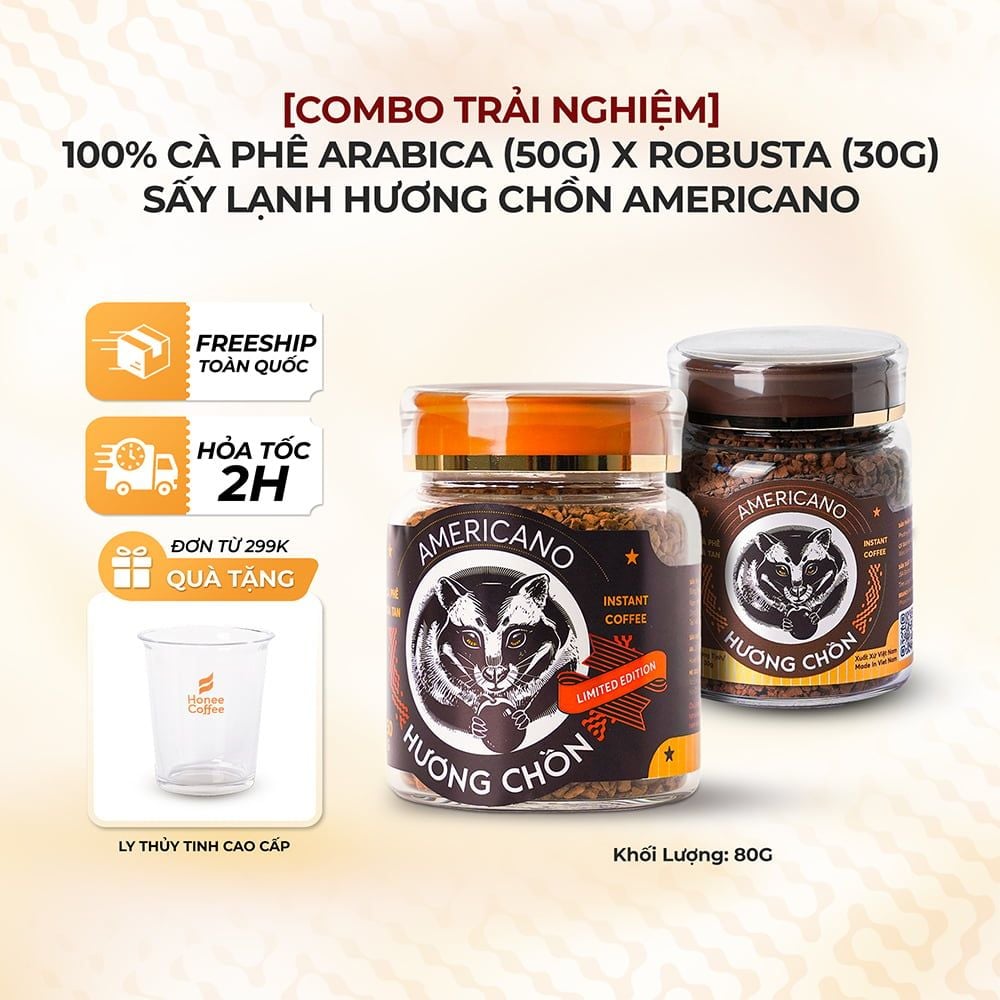 [COMBO TRẢI NGHIỆM] 1 Hũ Arabica (50g) x 1 Robusta (30g) Hòa Tan Sấy Lạnh Hương Chồn Americano