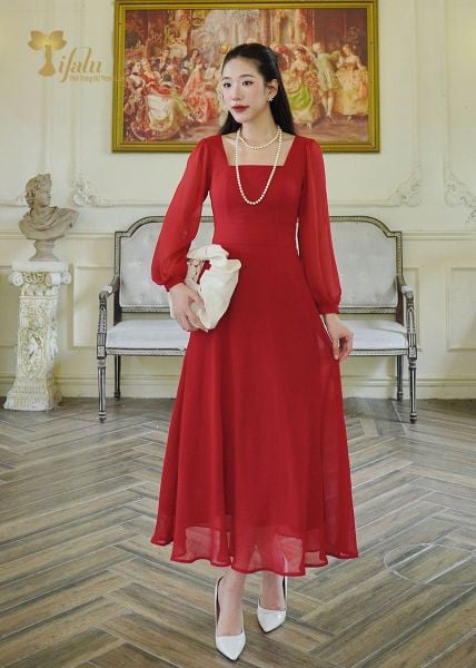  Đầm Dài Maxi Cổ Vuông Tay Dài Cho Quý Cô U40-U60 - TFL753RED 