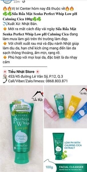 Sữa Rửa Mặt Senka Tạo Bọt Chiết Xuất Rau Má Dịu Nhẹ 100g Perfect Whip Low Ph Calming Cica
