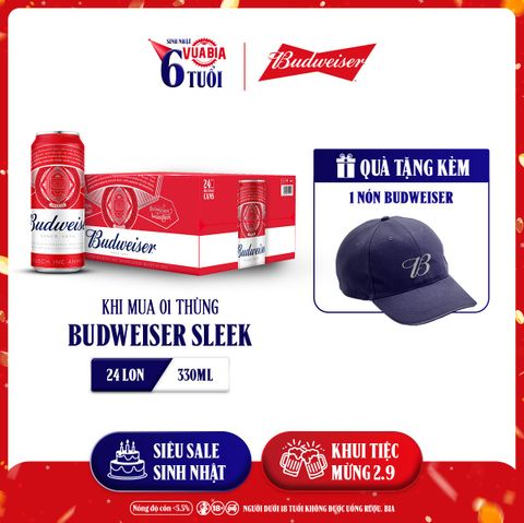 [FREESHIP] Bia Budweiser Sleek Thùng 24 Lon 330ml - Tặng 1 Nón Budweiser Phiên Bản Giới Hạn - QUÀ TẶNG KHÔNG BÁN