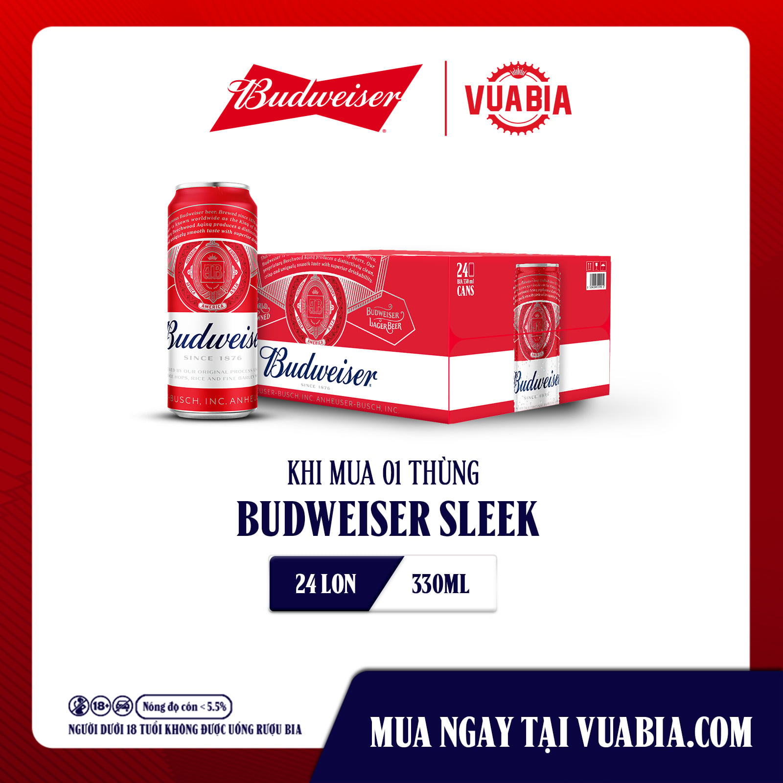 Thùng 24 Lon Bia Budweiser Sleek Can Chính Hãng (330ml/ lon)