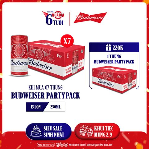 [FREESHIP]  Bia Budweiser PartyPack Combo 7 Thùng 15 Lon 250ml  - Tặng 1 Thùng Budweiser Partypack 15 Lon 250ml