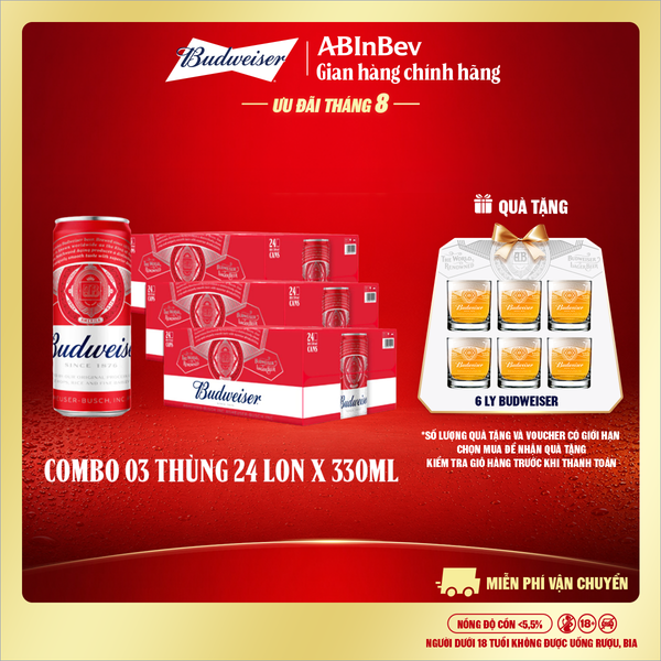 Combo 3 Thùng 24 Lon Bia Budweiser Sleek Can Chính Hãng (330ml/ lon)