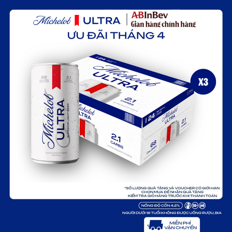 Nồng Độ Cồn 4.2% -  Combo 3 Thùng 24 Lon Bia Michelob ULTRA Chính Hãng (250ml/ lon)