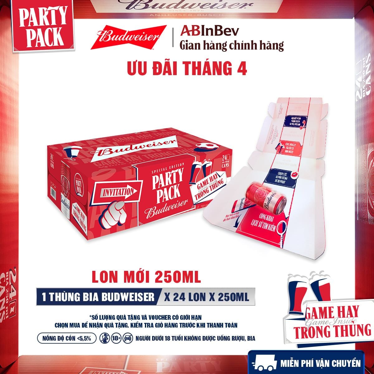 Thùng 24 Lon Bia Budweiser PartyPack Chính Hãng (250ml/lon)
